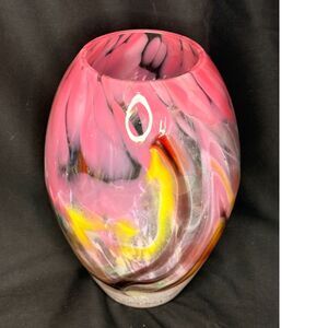 9" Hand Blown Pink Multicolor Studio Art Glass Vase